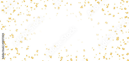 Gold bright confetti on white Christmas background. Golden decoration glitter abstract design of Happy New Year card  greeting  Xmas holiday celebrate banner. Space effect. Vector illustration