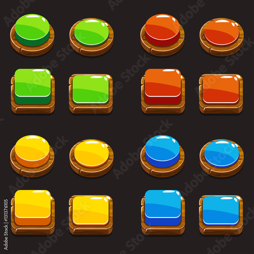 Cartoon colors wooden Push Buttons For A Game Or Web Design Element, gui elements collection
