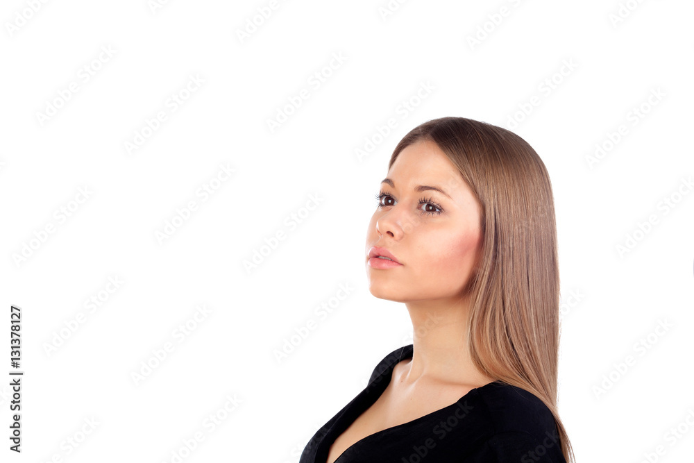 Pensive beautiful woman with a long blonde hair