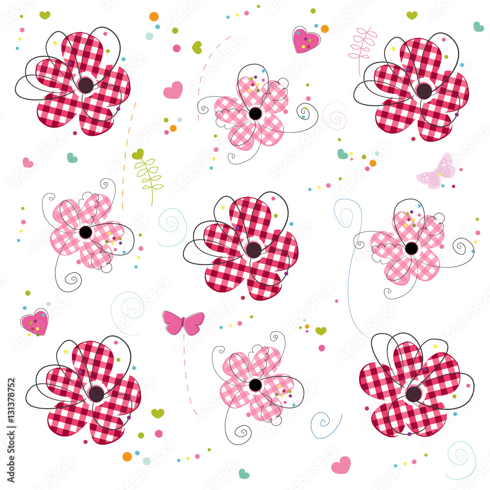 Red doodle flowers with plaid texture pattern Red doodle flowers with plaid texture pattern