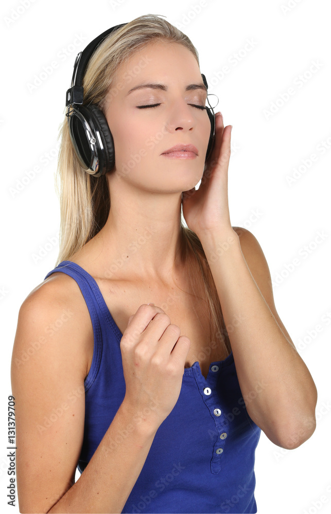 Naklejka premium Pretty Blond Lady Music Listener