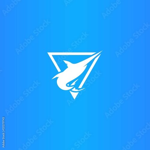Hipster White Triangle Blue Marlin or Swordfish Logo. Isolated.