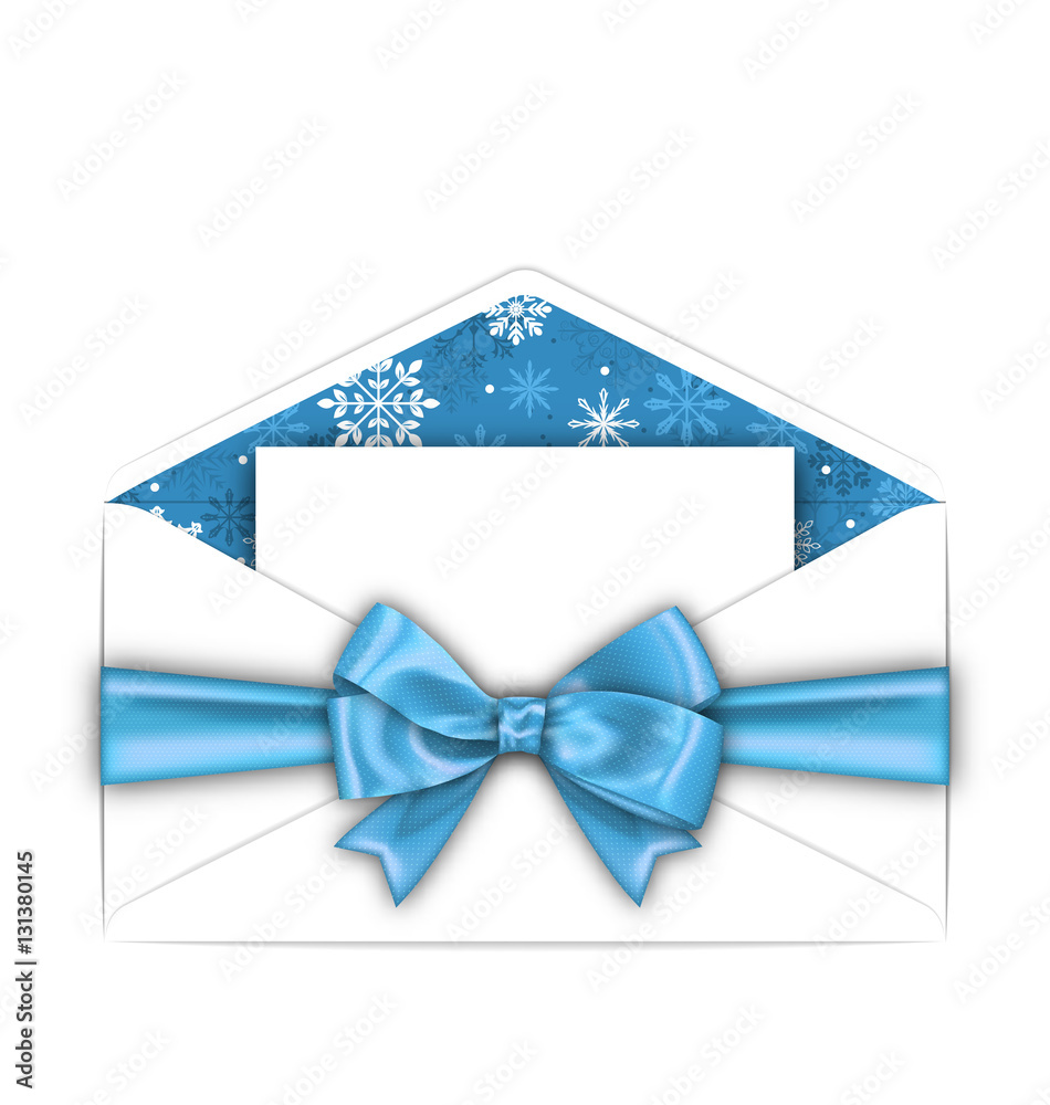 Envelope with Greeting Card and Blue Bow Ribbon for Winter Holidays Envelope with Greeting Card and Blue Bow Ribbon for Winter Holidays
