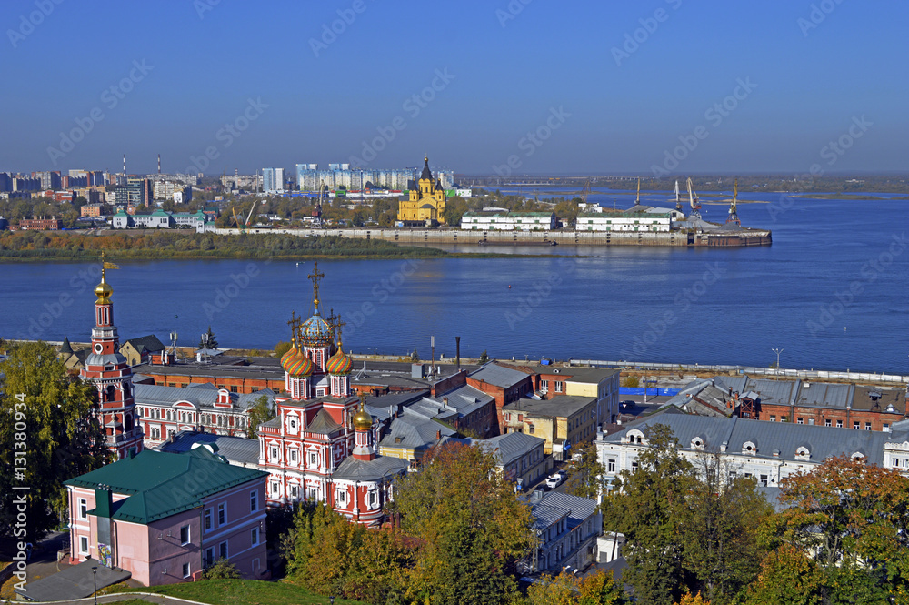 View of the Orthodox churches and the confluence of the Oka and Volga rivers in the city of Nizhny Novgorod.