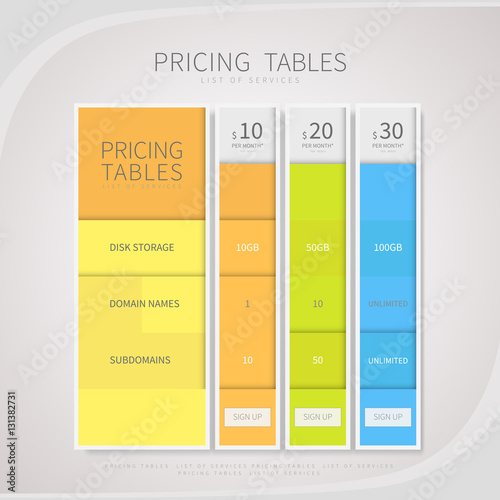 Pricing comparison table set for commercial business web services and applications. Design element interface for website, banners, hosting, ui, ux, mobile app. Vector illustration template.