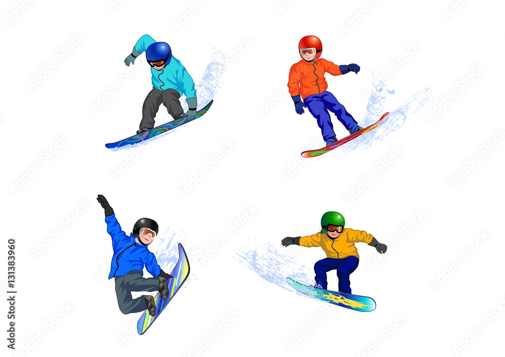 Boys snowboarders coming down the slope. Boys snowboarders coming down the slope.