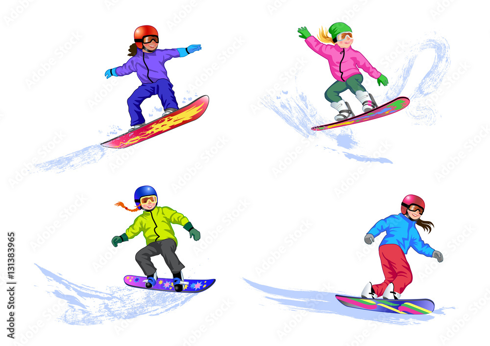 Girls snowboarders coming down the slope. Girls snowboarders coming down the slope.