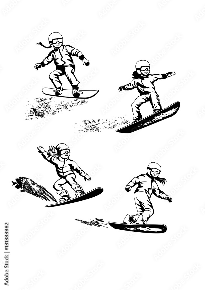 Girls snowboarders coming down the slope. Black color Girls snowboarders coming down the slope. Black color