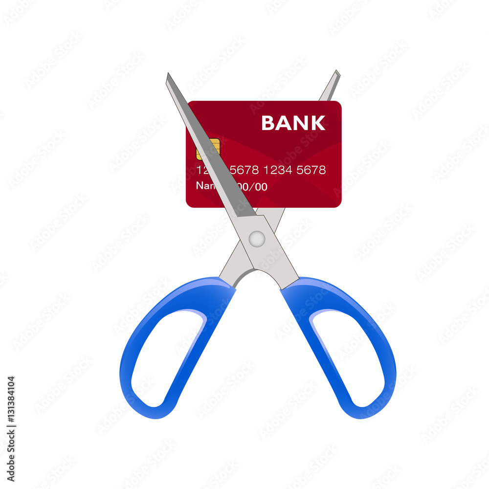 Red credit card cutting by the scissors. Illustration suitable for advertising and promotion. vector illustration in flat design on green background with long shadow