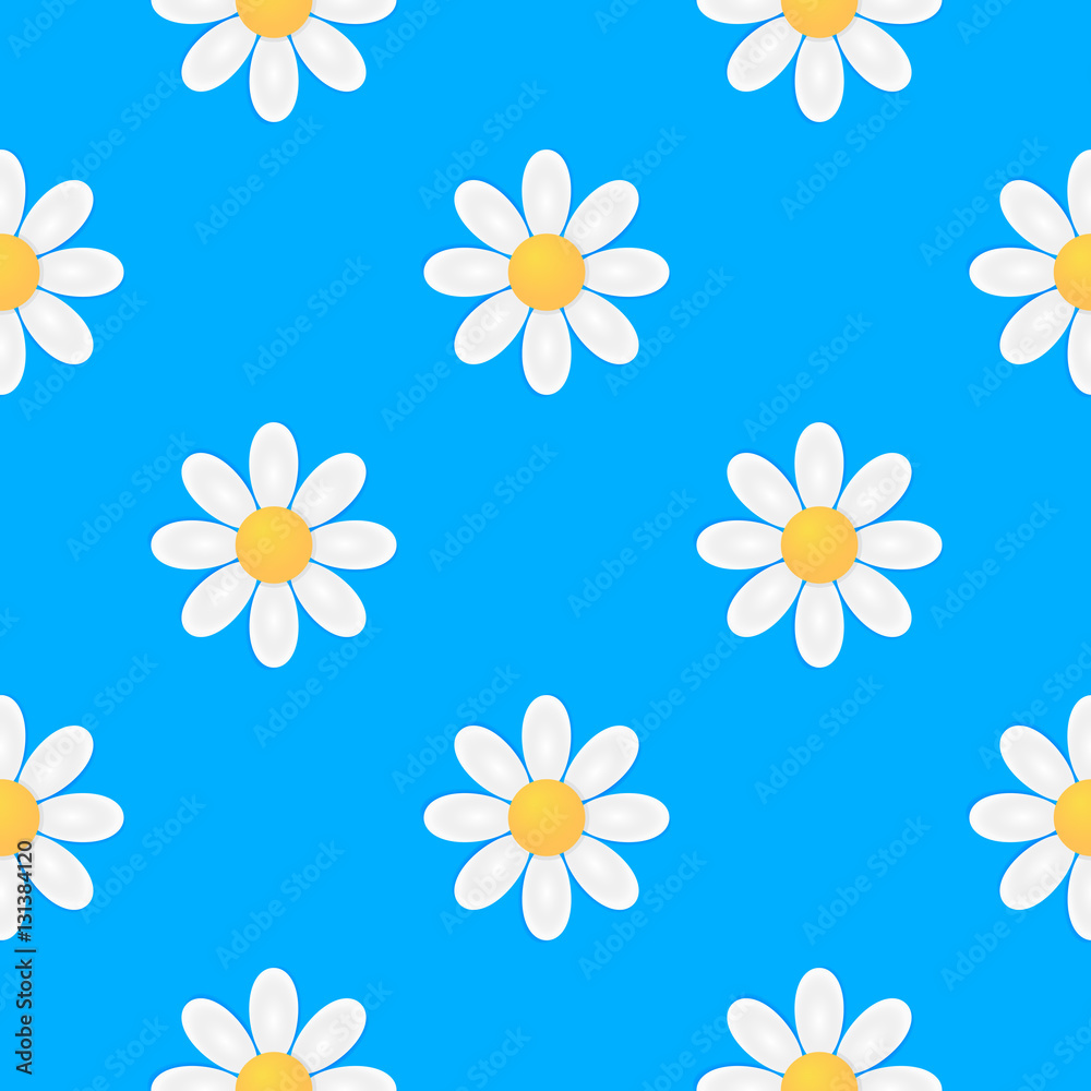 Seamless pattern with white chamomiles on a pastel blue background