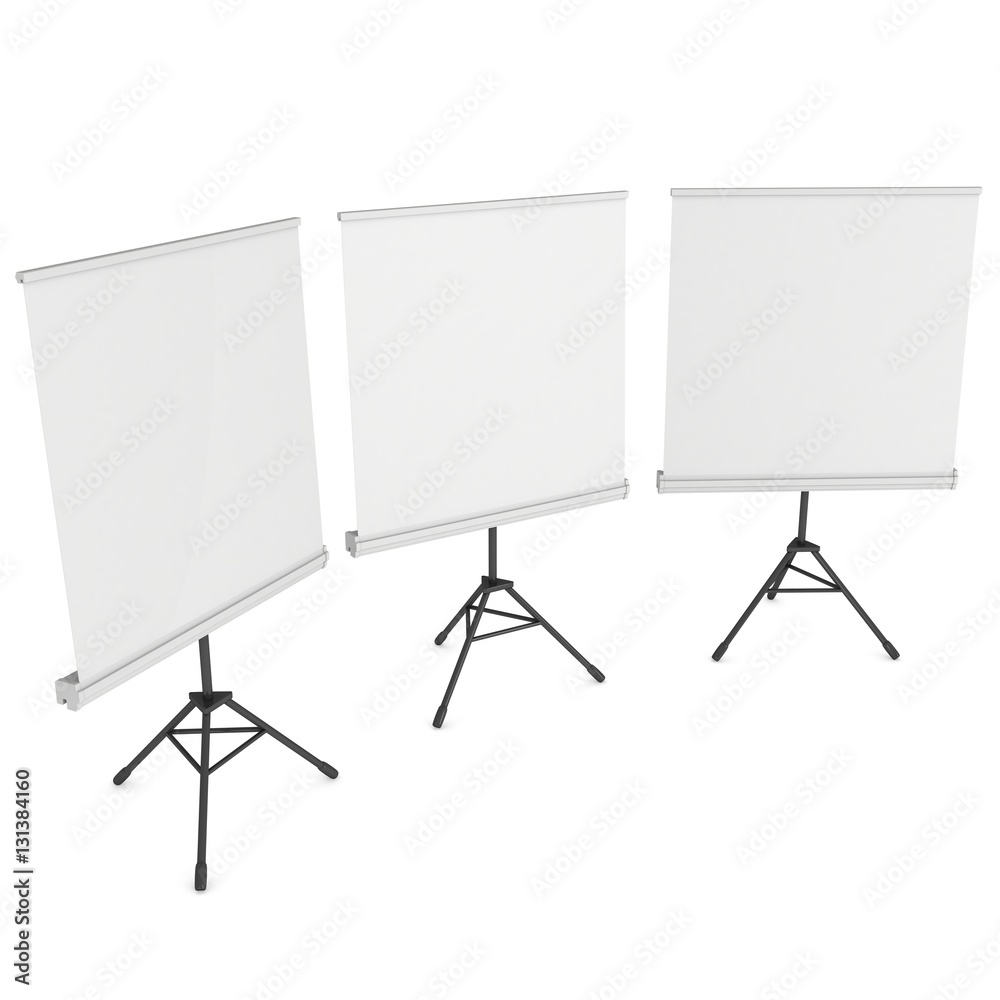 Blank Roll Up Expo Banner Stands Group on Tripod. Trade show booth white and blank. 3d render illustration isolated on white background. Template mockup for your expo design.
