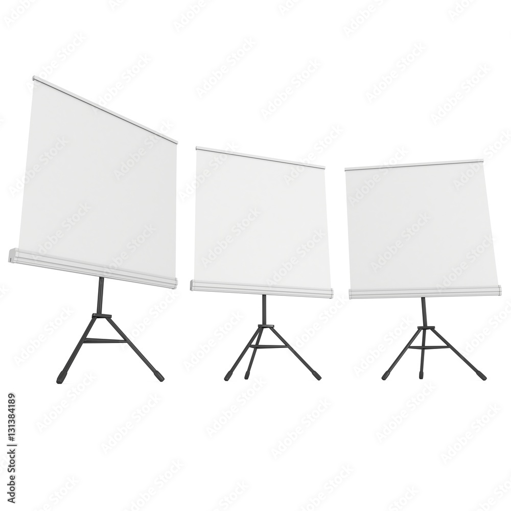 Blank Roll Up Expo Banner Stands Group on Tripod. Trade show booth white and blank. 3d render illustration isolated on white background. Template mockup for your expo design. Blank Roll Up Expo Banner Stands Group on Tripod. Trade show booth white and blank. 3d render illustration isolated on white background. Template mockup for your expo design.