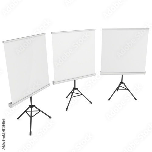 Blank Roll Up Expo Banner Stands Group on Tripod. Trade show booth white and blank. 3d render illustration isolated on white background. Template mockup for your expo design.