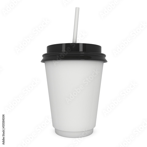 Disposable coffee cup with paper straw . Blank paper mug with plastic cap. 3d render isolated on white background