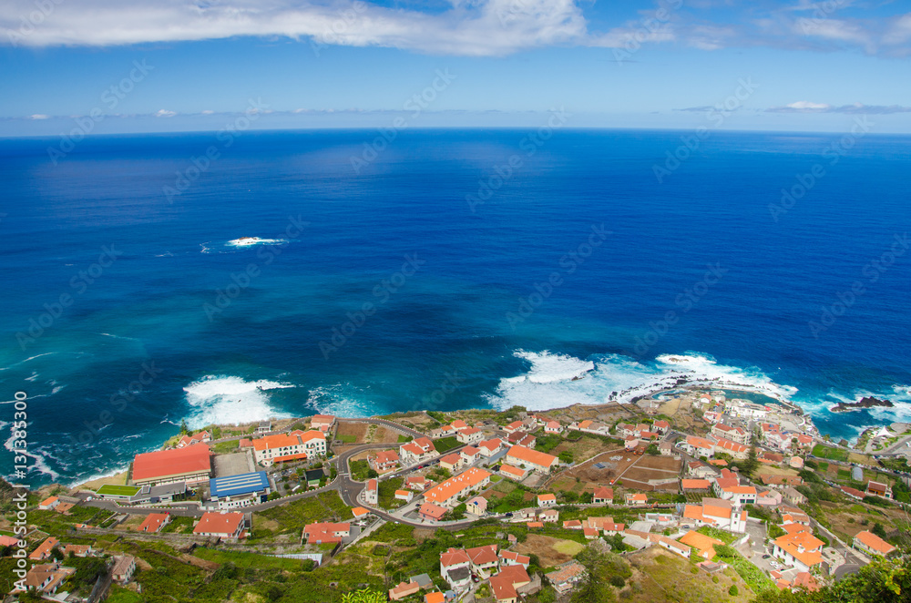 Panoramic view of Porto Moniz village on the north side  Madeira island, Portugal.