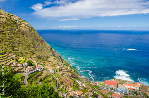 Panoramic view of Porto Moniz village on the north side Madeira island, Portugal.