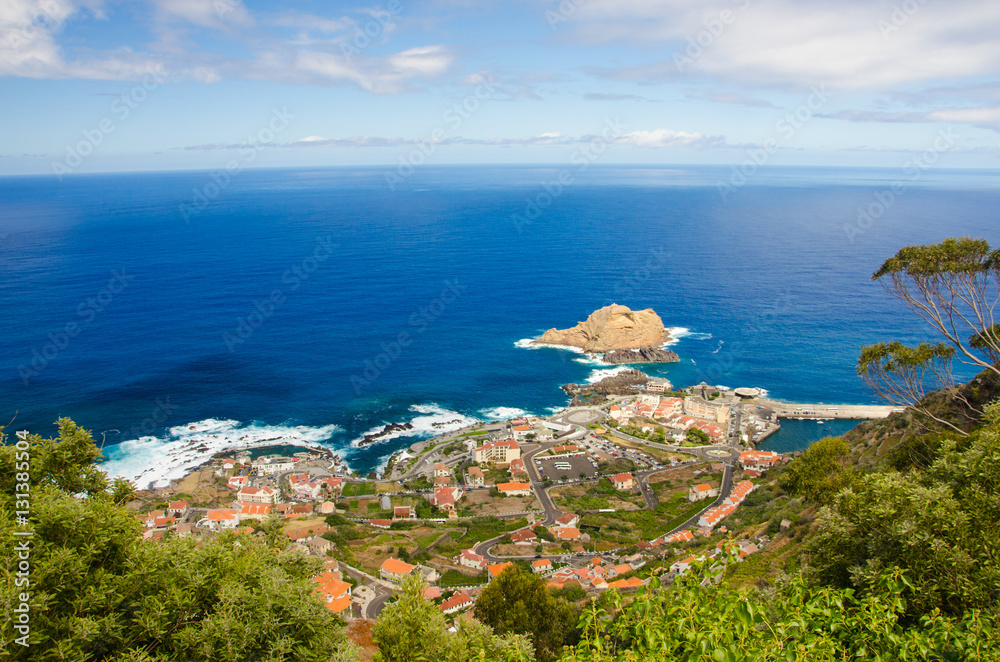 Panoramic view of Porto Moniz village on the north side  Madeira island, Portugal.