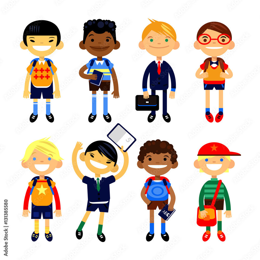 Set of characters elementary schoolchild, school students on a white background. Schoolboys different nationalities. Vector illustration of flat design Set of characters elementary schoolchild, school students on a white background. Schoolboys different nationalities. Vector illustration of flat design