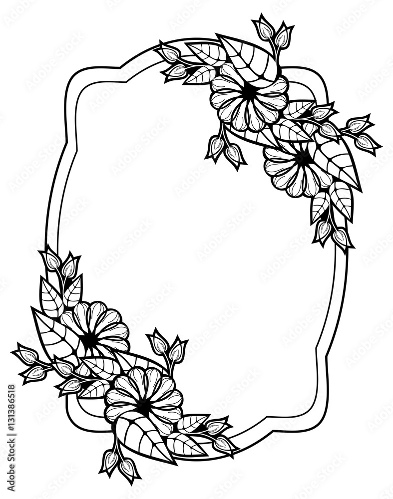 Black and white frame with floral silhouettes. Copy space. Vector clip ...