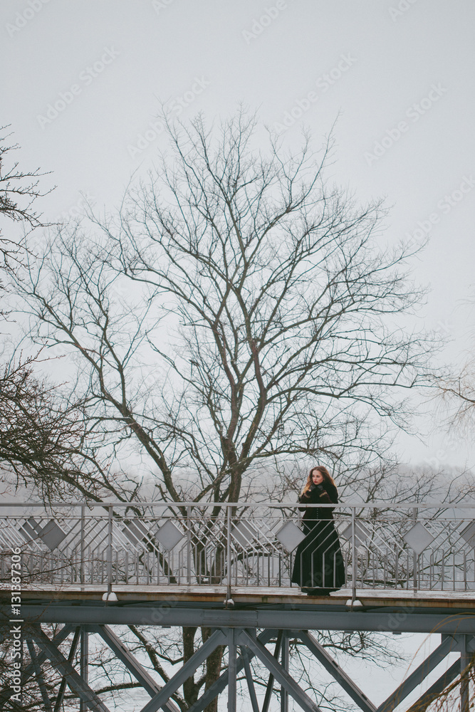 beautiful girl standing on the pedestrian bridge in winter beautiful girl standing on the pedestrian bridge in winter