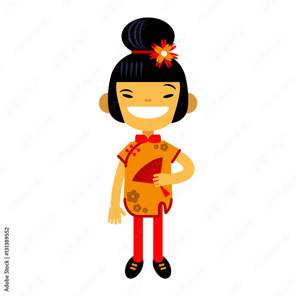 cartoon girl, character, asian woman in traditional costume on white background. Chinese New Year. Vector illustration of flat design