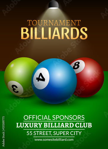 Vector Billiard challenge poster. 3d realistic balls on billiard table with lamp. Flyer design cover championship