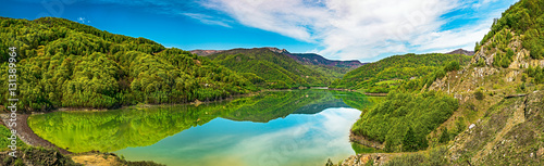 Panoramic spring view with clear mountains lake. Siriu lake, Buzau county, Romania 