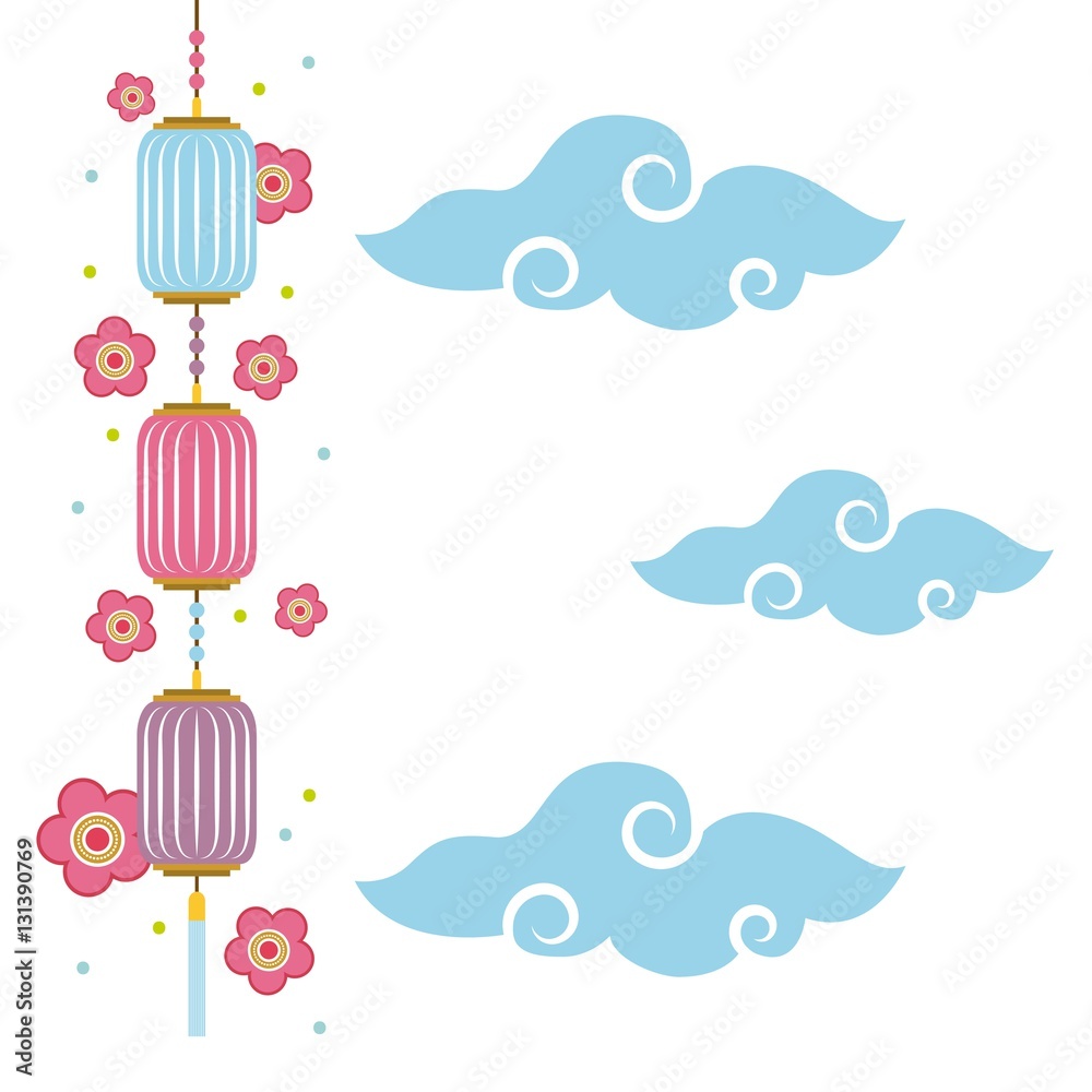 chinese lanterns hanging and flowers decorations over clouds and blue background. colorful design. vector illustration