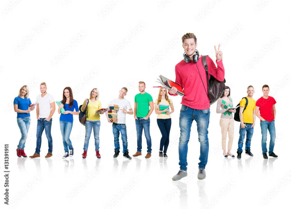 Fototapeta premium Large group of teenage students on white