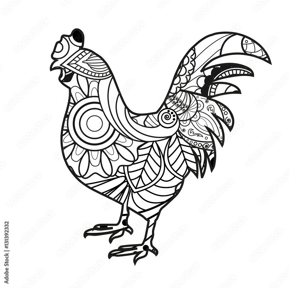 Vector illustration of black and white mandala cock for coloring book, gallo  mandala in bianco e nero da colorare vettoriale Stock Vector