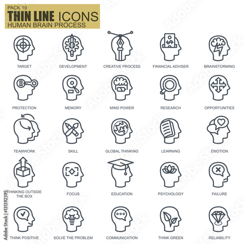Thin line human brain process icons