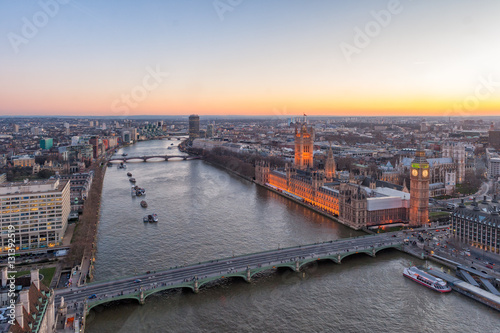 Big Ben, Westminster Bridge on River Thames in London, the UK. English symbol. Aerial view