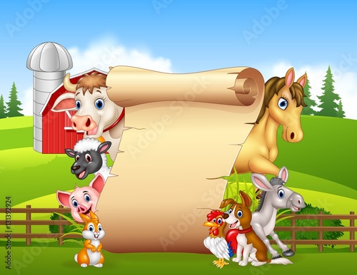 Cartoon funny farm animals with blank sign