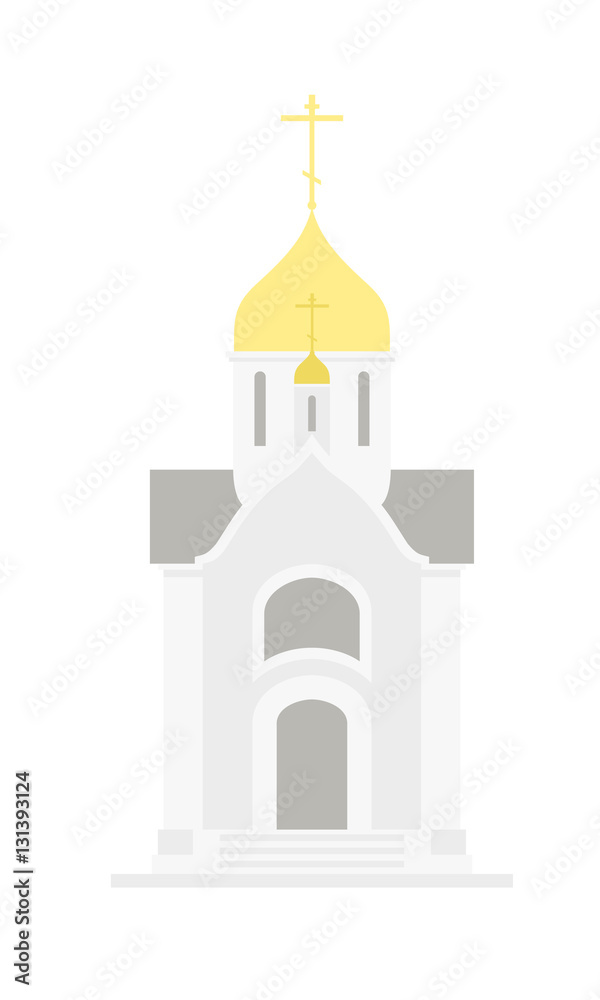 Small white chapel with golden dome. Chapel of St. Nicholas in Novosibirsk