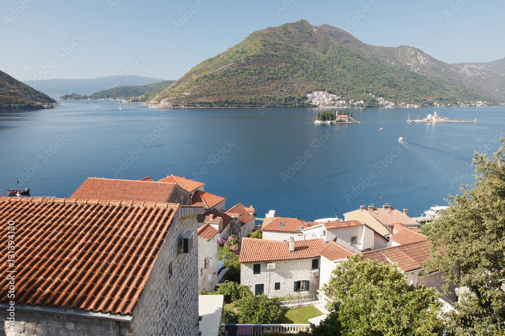 nice view from the city of Perast to the islands of St. George and Our Lady of the Rocks. Montenegro