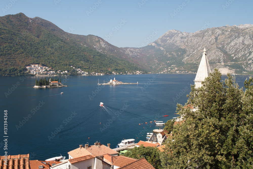 View from the city of Perast to the islands of St. George and Our Lady of the Rocks. Montenegro