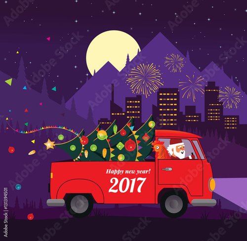 Santa drive car with New year symbol rooster. Santa truck with c