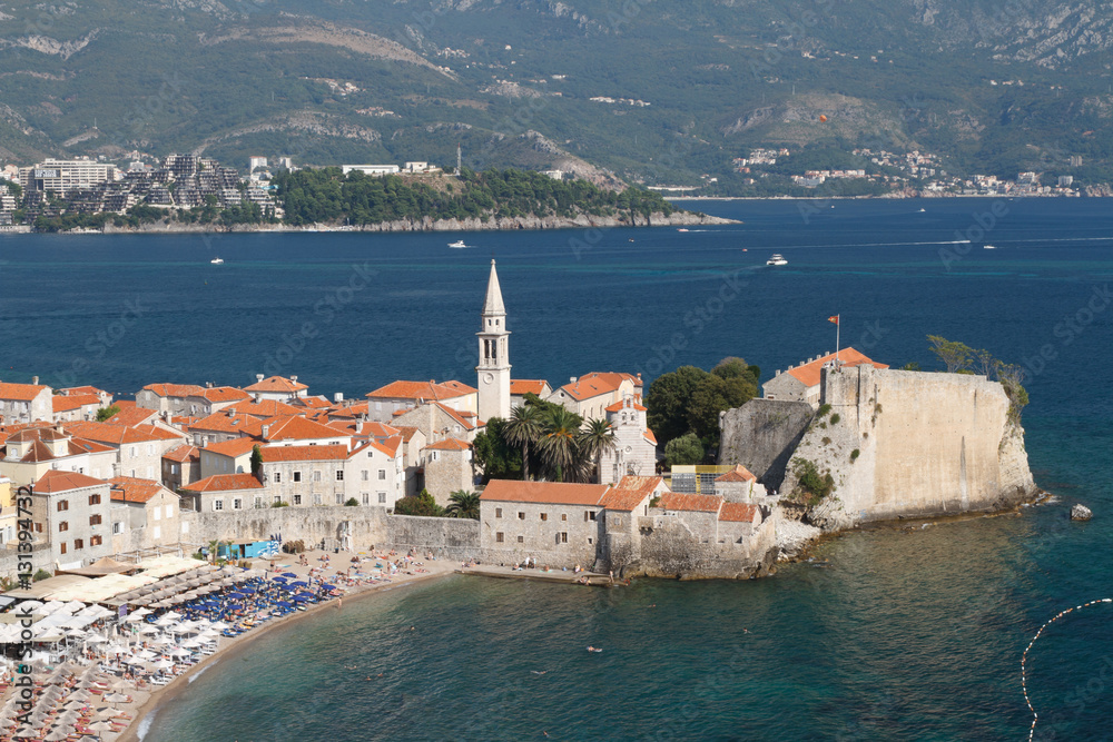 beautiful aerial view of the old town of Budva, the city beach and the Adriatic Sea. Montenegro