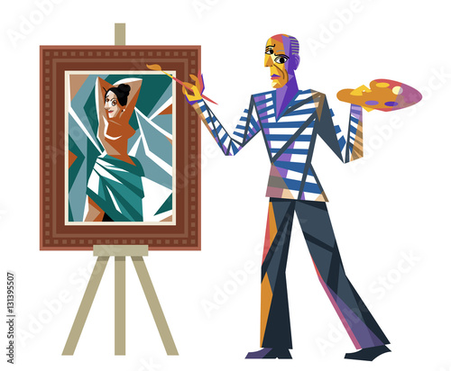 cubist artist painting with palette and paintbrush and ladies painting