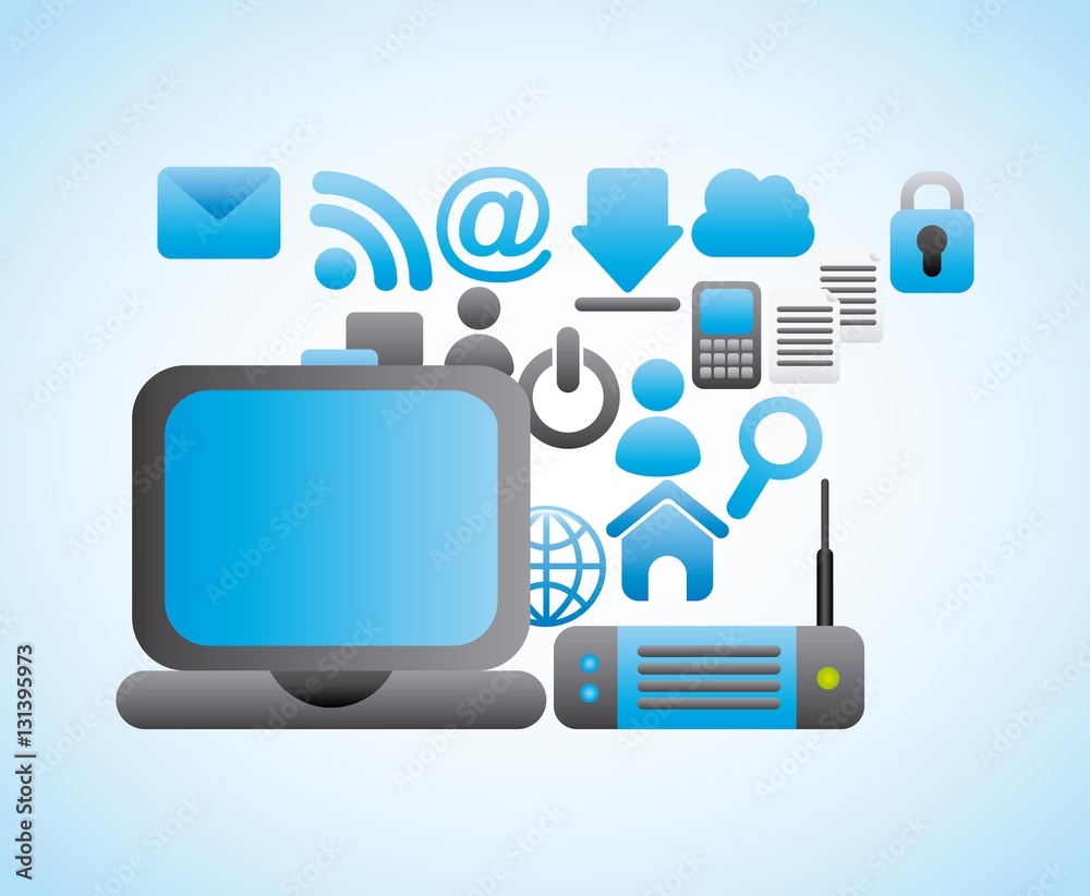 laptop computer device with social network icons around. over white background. colorful design. vector illustration laptop computer device with social network icons around. over white background. colorful design. vector illustration