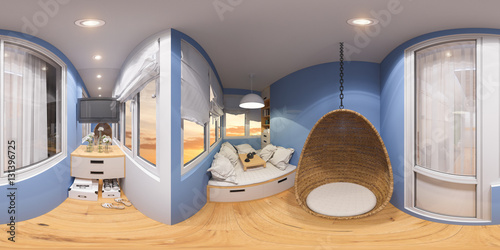 3d illustration spherical 360 degrees, seamless panorama of space to relax on the balcony. Interior is made in modern minimalist style