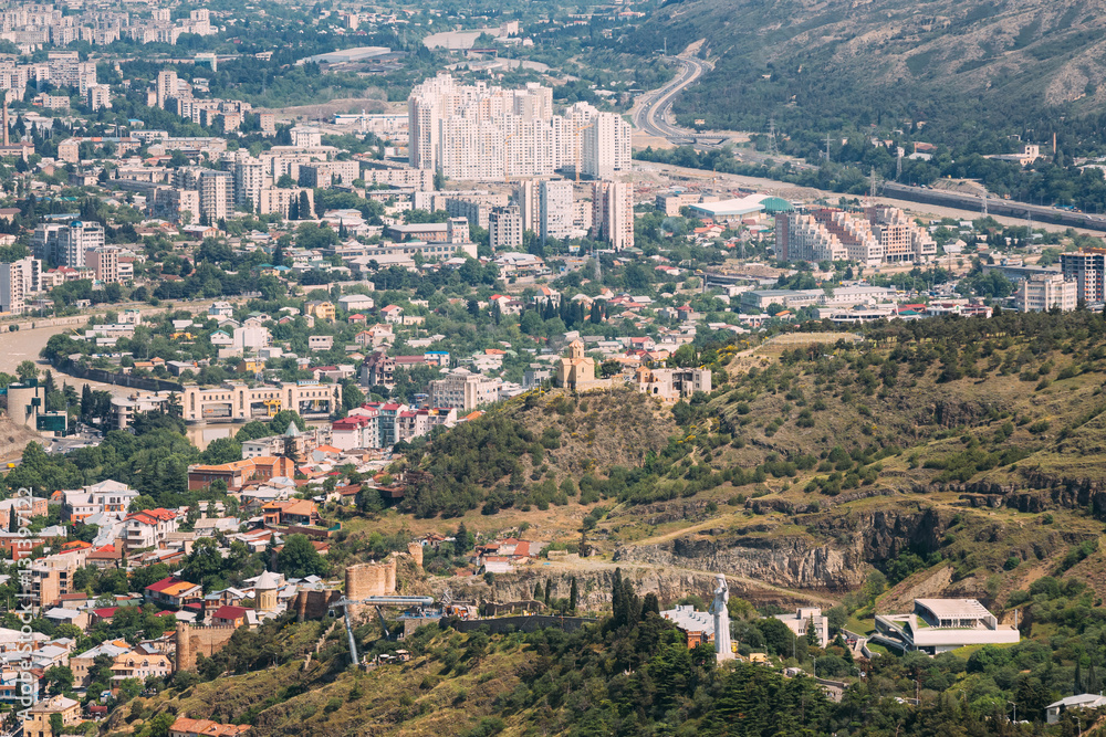 Tbilisi Georgia. Aerial View Of Landmarks: Kartlis Deda Monument