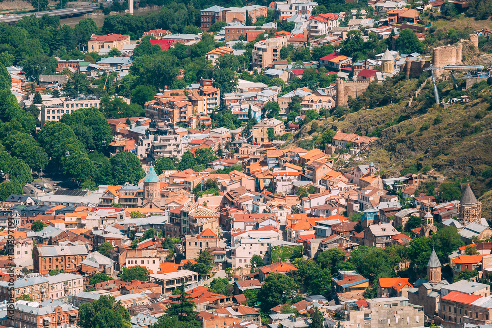 Tbilisi Georgia. Aerial View Of Old Town Buildings, Narikala Ancient Fortress