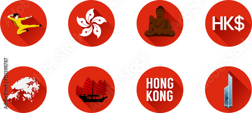 Hong Kong Flat Icon Set. Vector graphic images representing famous landmarks of Hong Kong.