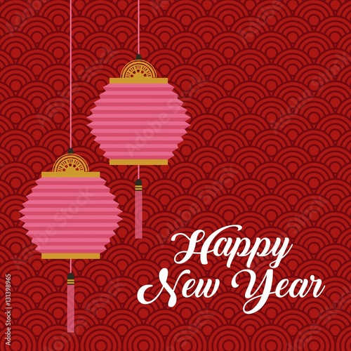 happy new year card with chinese lantern decorations hanging over red background. colorful design. vector illustration