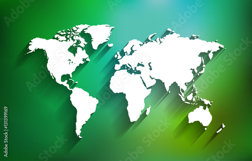 White World Map on Multicolor Background with Shadows, Editable Vector Design of World Map, Embossed, Shadow