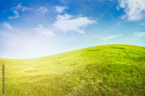 Background of Curve Grassland on Blue Sky With Sunlight.