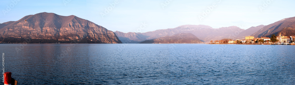 Overview of Lake Iseo at sunset in Valcamonica in Brescia