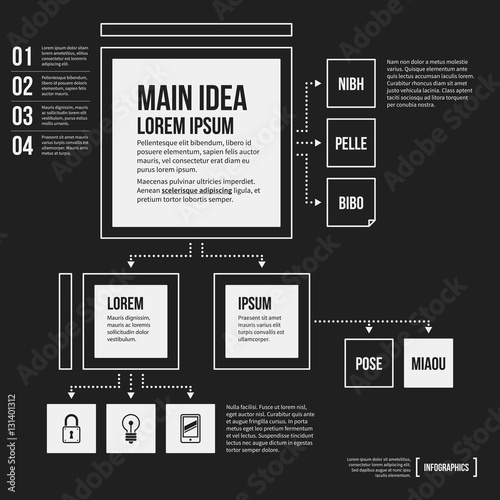 Organization chart template with geometric elements on black background. Useful for science and business presentations.