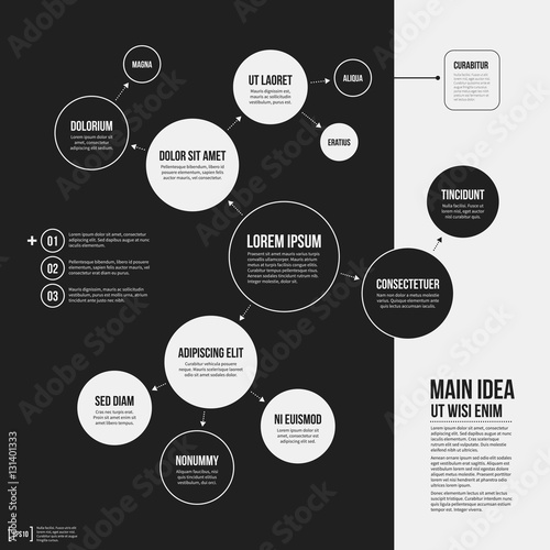 Organization chart template with geometric elements on black background. Useful for science and business presentations.